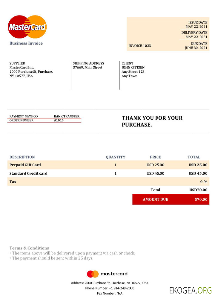 Modèle de facture MasterCard aux États , Unis